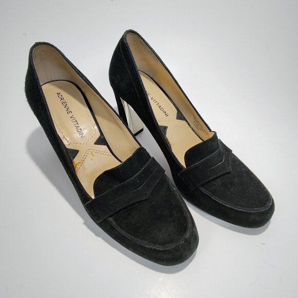 Adrienne Vittadini Women's Size 6M Black Suede Penny Loafer Block Heels - Picture 2 of 16